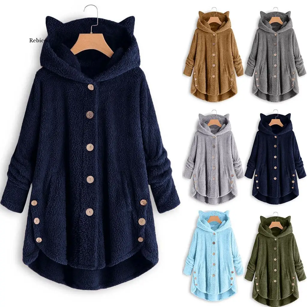 Women  Blouse 6 Colors Button Coat Solid Tops Hooded Pullover Loose Sweater Cat Ears Plush Top 5Xl Women Autumn