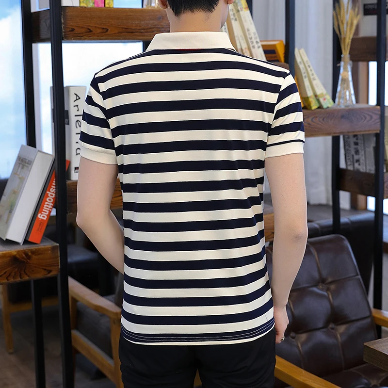 Clássico masculino fino ajuste listrado algodão polo camisas 2025 verão manga curta topos t casual botão lapela pulôver polos roupas