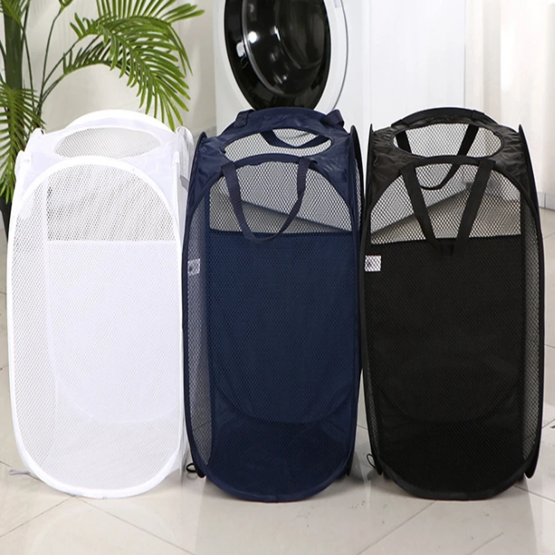 3 colors Empty Mesh Laundry Hamper with Handles Collapsible for Storage bag Folding Pop-Up Clothes Hampers