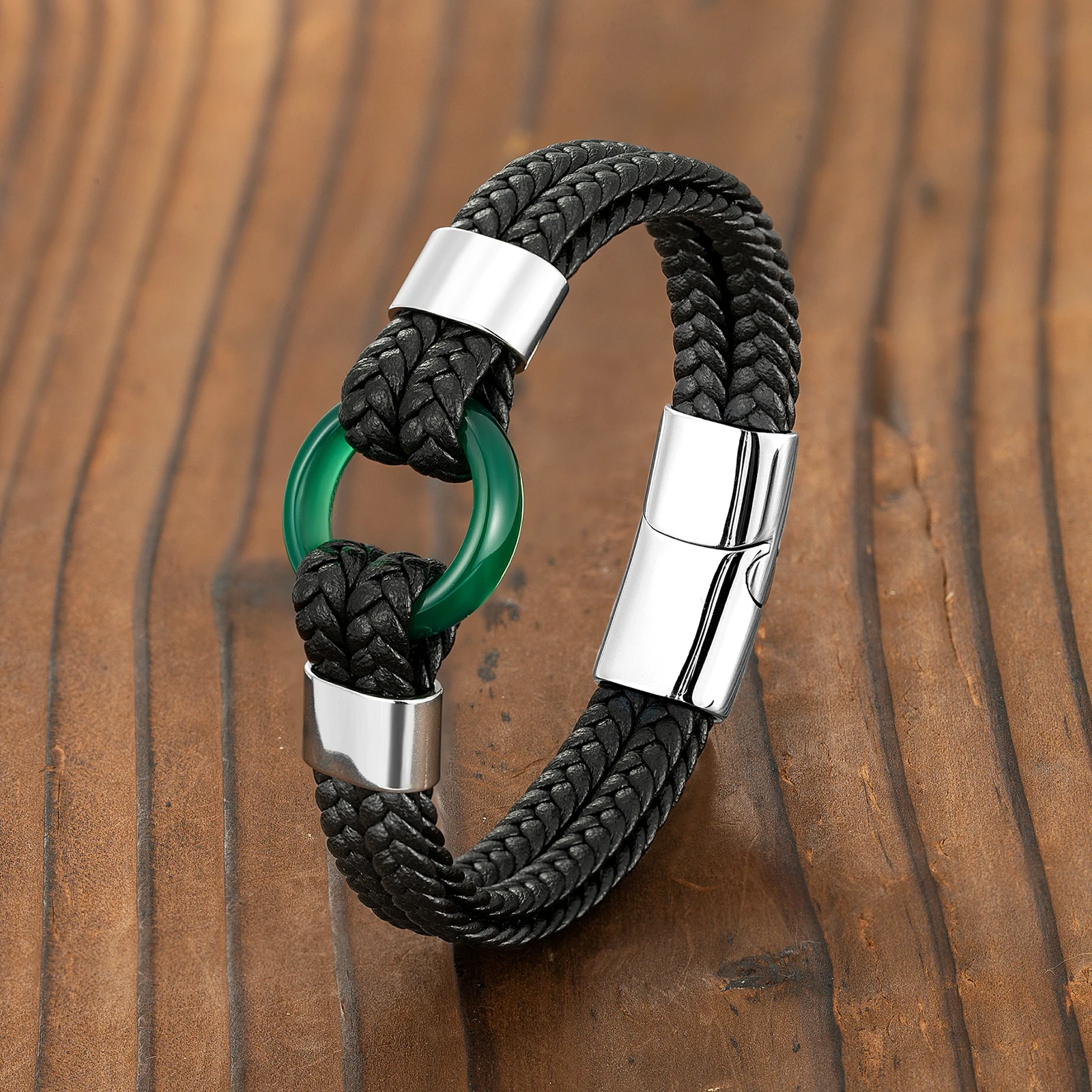 Мужской кожаный плетеный браслет, черный браслет из натурального зеленого агата с очаровательными кольцами, нержавеющая сталь 316L, 4 шт., 2021