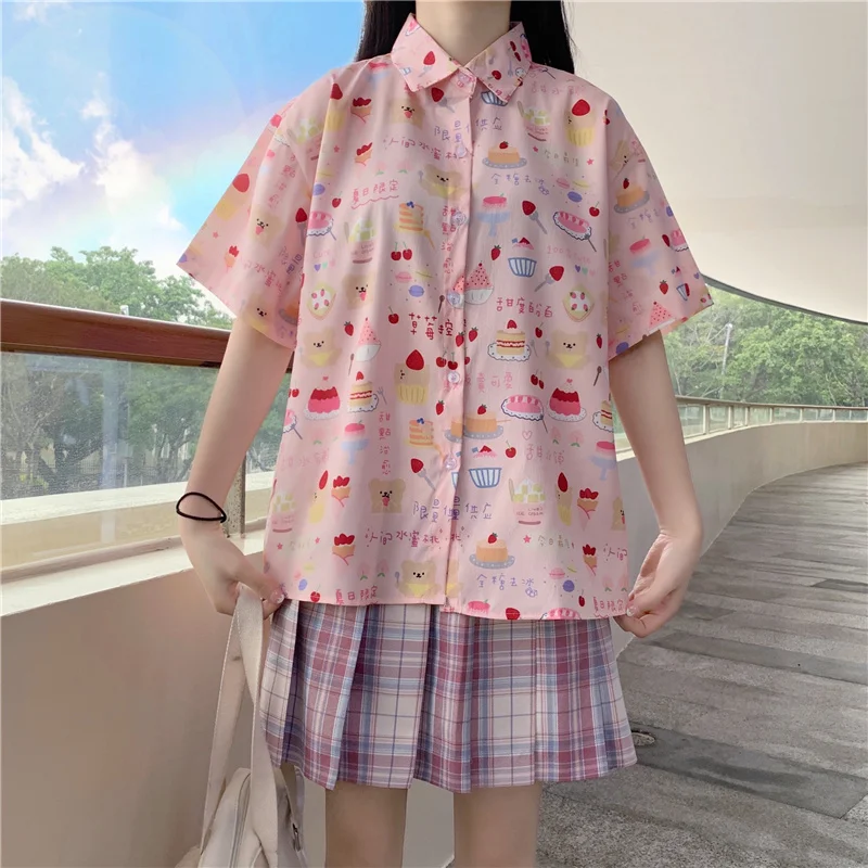 Summer Women Kawaii Strawberry Cake Print Short Sleeve Shirts Cute Tops Camisas Mujer JK Style School Girls Button Casual Blusas