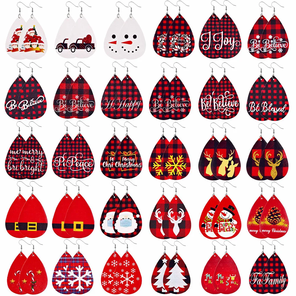 Christmas Red Series Leather Drop Earrings Santa Claus Mask Red lattice Pattern Peace Love Believe Female Fashion Jewelry Gifts