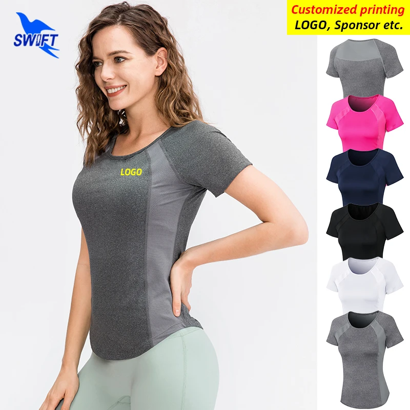 2021 Breathable Mesh Patchwork Short Sleeve Running Shirts Women Quick Dry Elastic Yoga Tops Gym Fitness Sportswear Customized