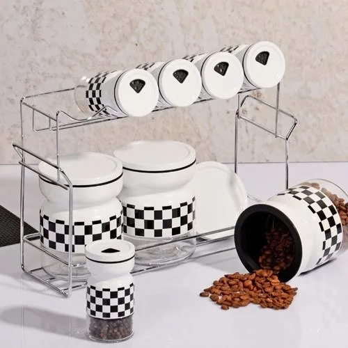 Metal 8 Piece Spice Plaid Black White Spice Jars Sugar Bowl Seasoning Organized The Kitchen Tool Sets Kitchen Ware