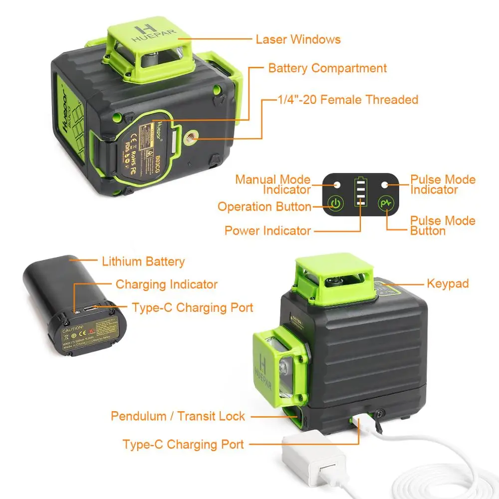 Imagem -02 - Cruz Linha Auto-nivelamento Nível Laser 12 Linhas Green Beam Li-ion Battery Tipo-c Porta de Carregamento Hard Carry Case Huepar3d