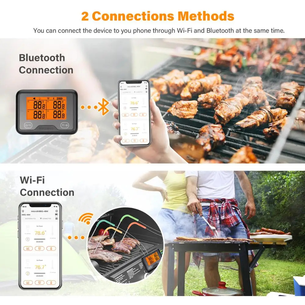 INKBIRD IBBQ-4BW Wi-Fi&Bluetooth Digital Grill Thermometer Rechargeable Wireless BBQ Thermometer with 4 Probes Temp Graph Alarm\\