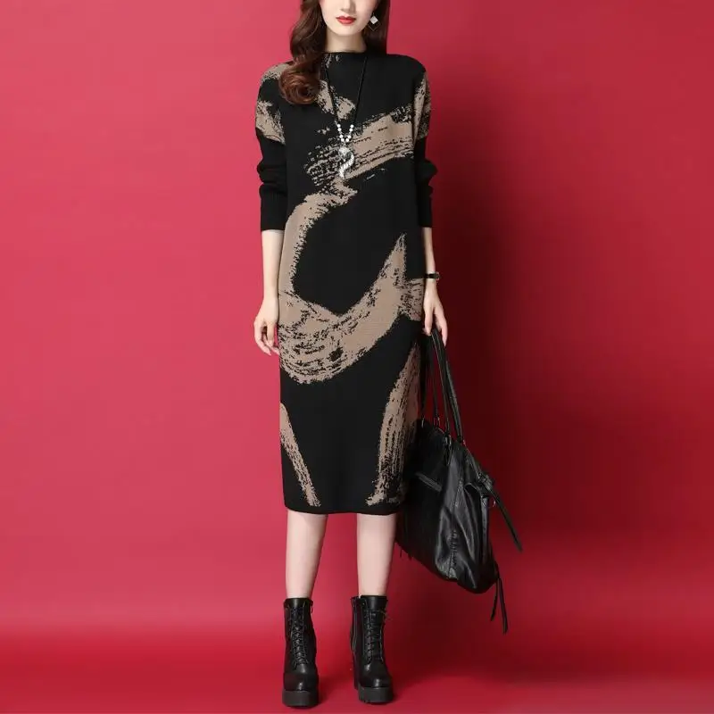 Autumn And Spring Women Long Sweater Pullover Half High Collar Knitted Printed Loose Slim Knee-length A-Straight Dress Black