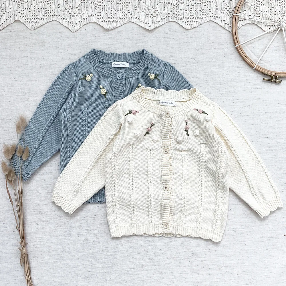 New Autumn Winter Korean Style Toddlers Kids Knitted Sweaters Embroidery Crochet Baby Girls Cotton Cute Cardigan Sweater