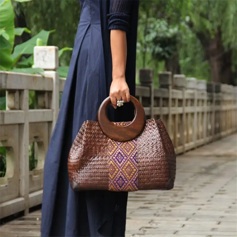 38x27CM Thailand Straw Bag Rattan Handbag Retro Vacation Women Literary Style Fashion a6106