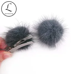 Baby Girls Real Mink Fur pompom Hair Clips 5cm Big Princess Barrette Childs Kids Headbands Hair Accessories 2pcs Christmas gift