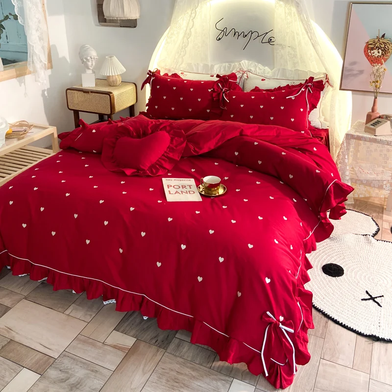 PureCotton Girl's RED Bedding Sets King QueenSize Quilt Cover Duvet Cover Bedsheet Sets BedSkirt Princess Korean Wedding Bedding