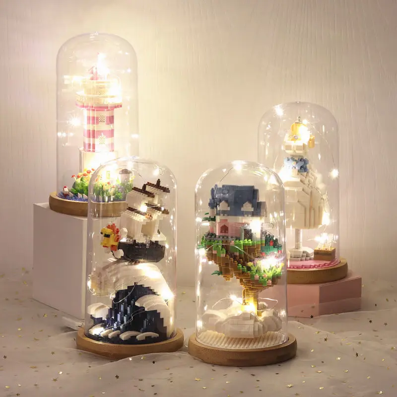 Thousand Suny Micro Building Blocks Wedding Dress Lighthouse Tree House Mini Brick Toys For Kids With Display Box LED Light