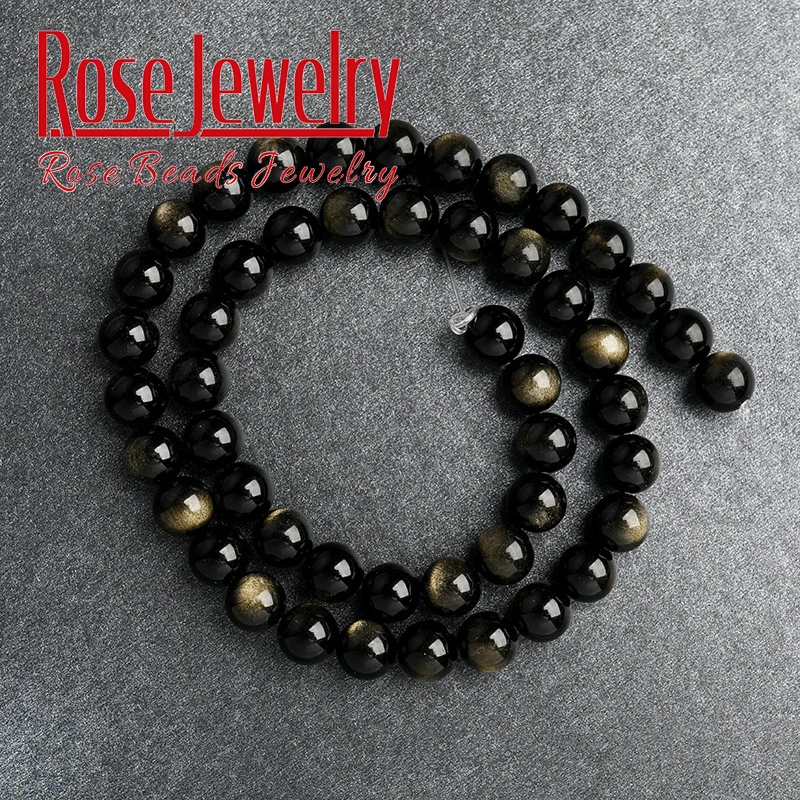 Natural Gold Color Obsidian Stone Beads Round Loose Bead Diy Charm Bracelet Accessories For Jewelry Making 4 6 8 10 12mm 15\