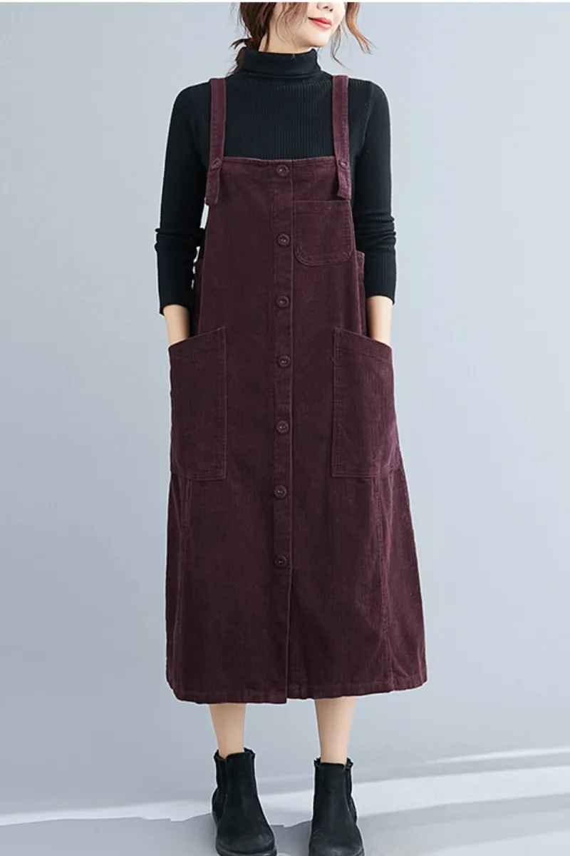 Autumn Winter Corduroy Overalls Dresses Artsy Elegant Office Ladies Mid-Length Pocket Simple Solid Color Pleated Suspender Dress