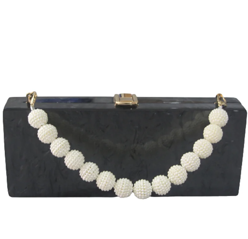 Factory Womens Acrylic PVC Evening Clutch Bag Formal Occasion Wedding Party Wallet 25 cm Long Pearl Black Lady Shoulder Handbag