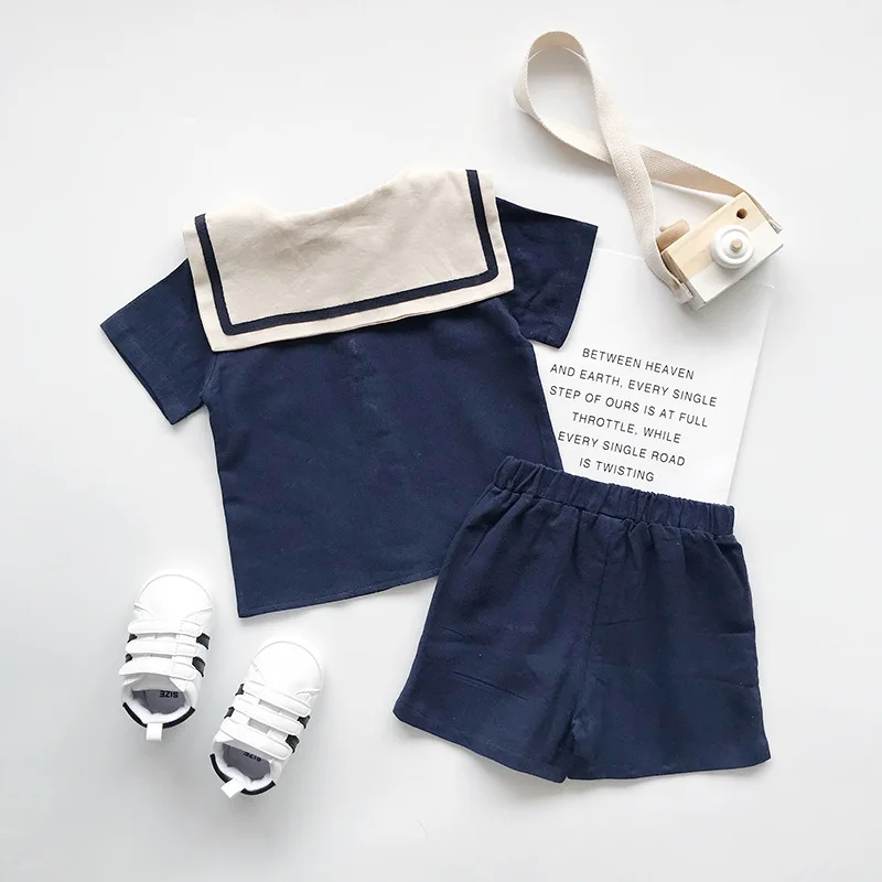 Humor Bear  Kids Clothes Sets Summer Japanese  Korean Style Kids Sailor Collar Cotton Linen T-shirt+Pants 2Pcs Cute Toddler Clot