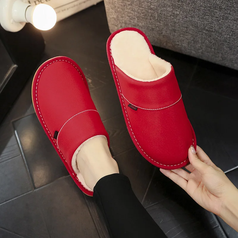 Ladies New Cotton Slippers Home Waterproof Non-slip Warm Winter Slippers Baotou Bedroom Leather Slippers