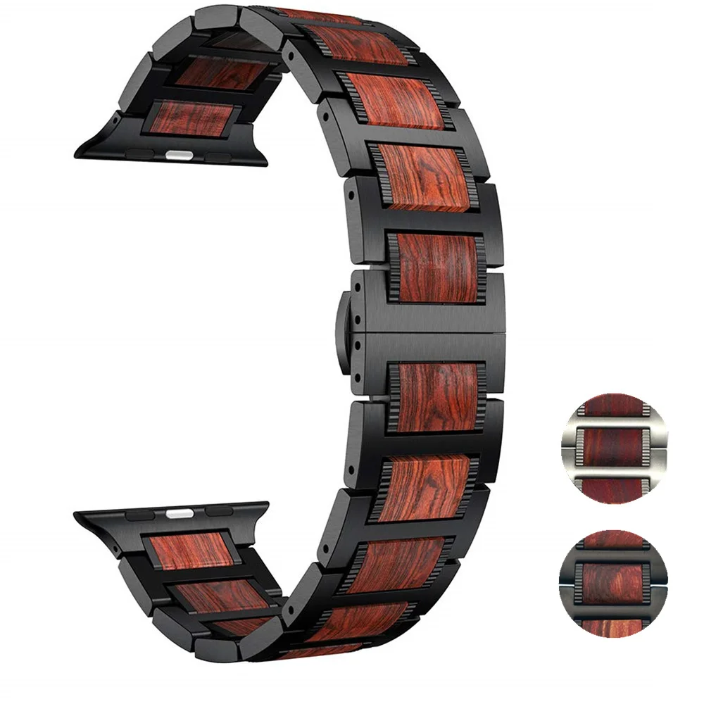 Wood strap for Apple watch band 45mm 41mm 44mm 40mm bracelet Natural Red Sandalwood+Stainless steel iWatch series 4 3 5 se 6 7