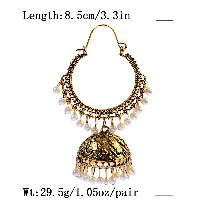 Women\'s Ethnic Retro Round Indian Jhumka Earrings Classic Vintage White Beads Tassel Earrings Wedding Jewelry Bijoux