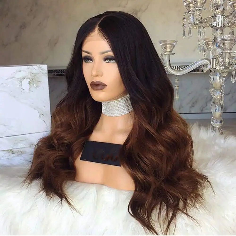 DLME Brown Synthetic Lace Front Wig For Black Women Heat Resistant Hair Ombre Brown Body Wave Wig