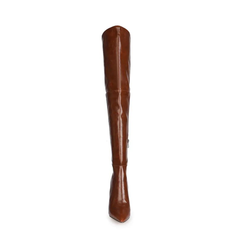 2024 Women\'s Faux Leather Thigh-High Boots - Pointed Toe Stiletto Heel, Over-The-Knee Winter Autumn Fashion Chic Footwear