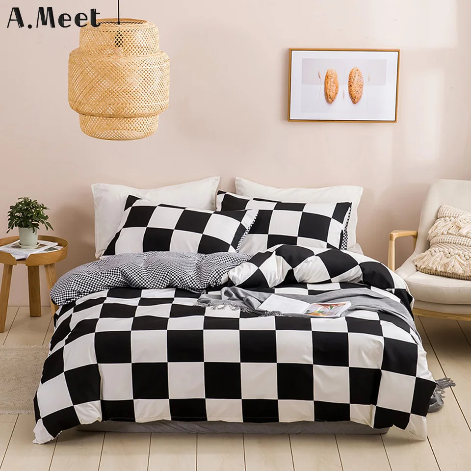 

Black And White Bedding Set Grid Lattice Bed Linen Simple Summer Duvet Sets Cover King Size Comforter Queen Twin Bedroom Luxury