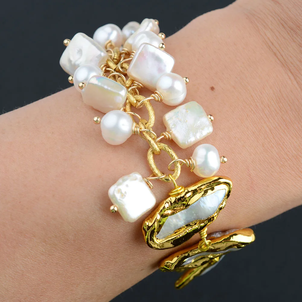 

8'' Freshwater White Biwa Keshi Potato Pearl Chain Bracelet