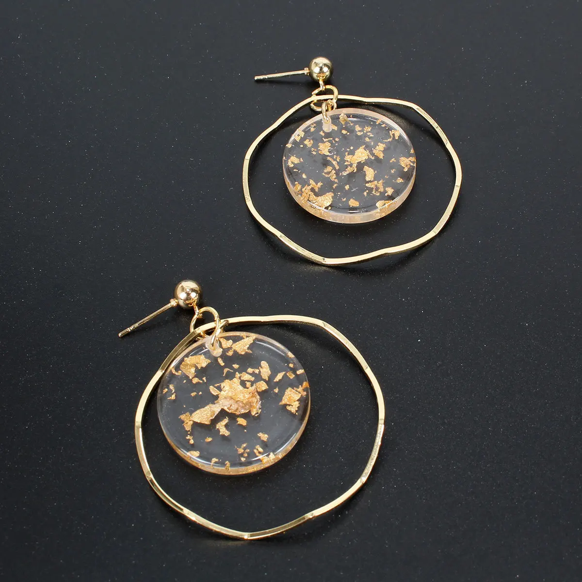 Korean Tide Retro Fashionable Metal Hollow Out Earring Mosaic Circle Transparent Resin Gold Sequins Simple Geometric Earrings