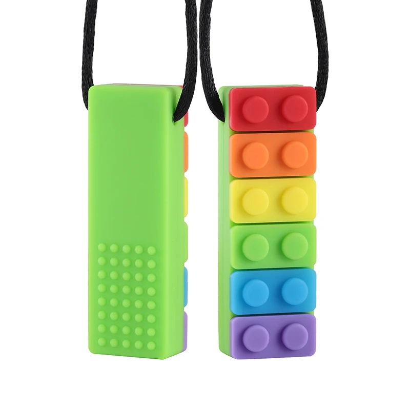 5PCS Rainbow Brick Chew Necklace Baby Silicone Teether Autism Sensory Chew Therapy Tools Kids Chewy Toys