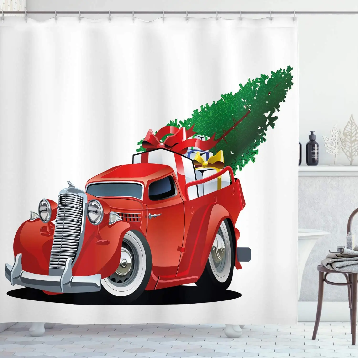 Christmas Shower Curtains Vintage American Truck with Large Xmas Tree and Gift Boxes Pickup Retro Vehicle Fabric Bathroom Decor