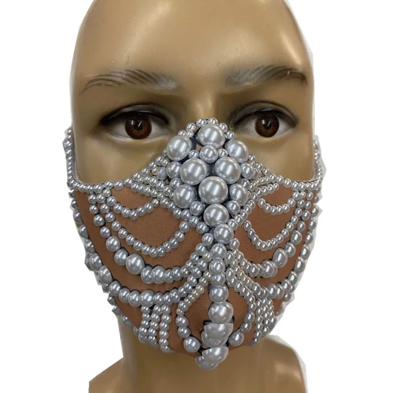 Masked Singer Crystals Pearls Masks Ornament Stage Costume Party Show Rhinestones Mask Props Accessories Men Women Stage Wear