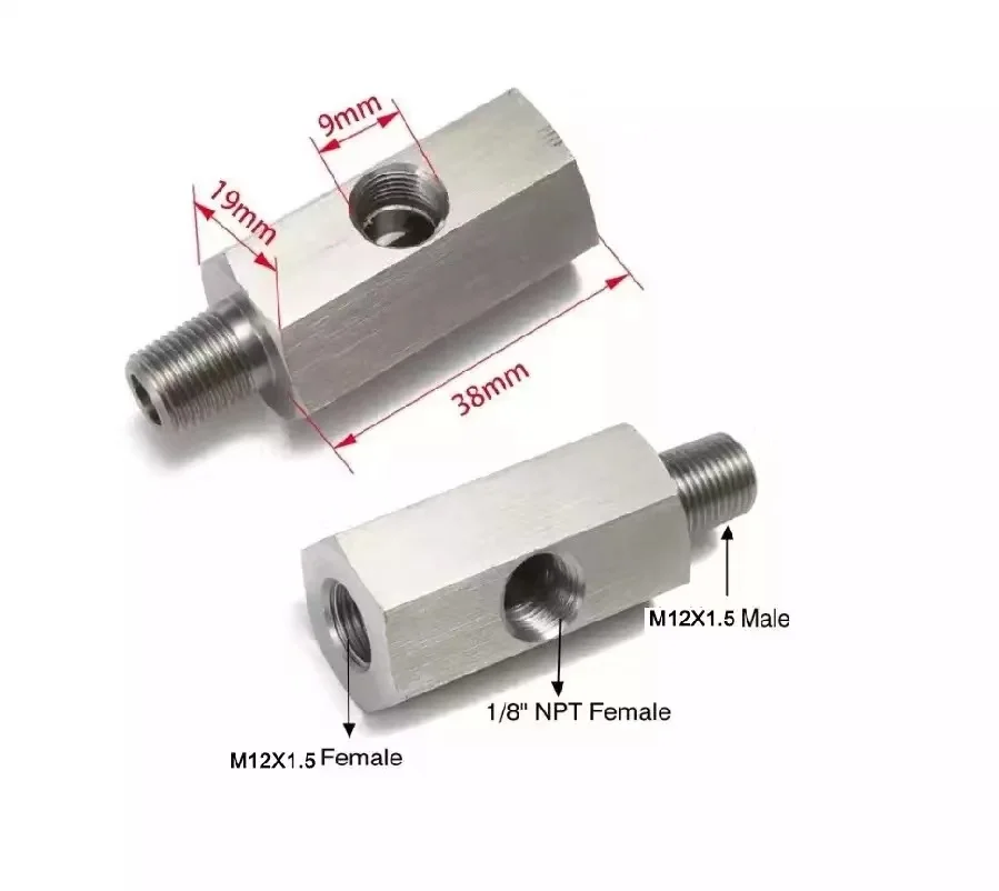 Stainless steel 1/8 inch NPT female thread to M12X1.5 oil pressure sensor feed line meter tee adapter fitting