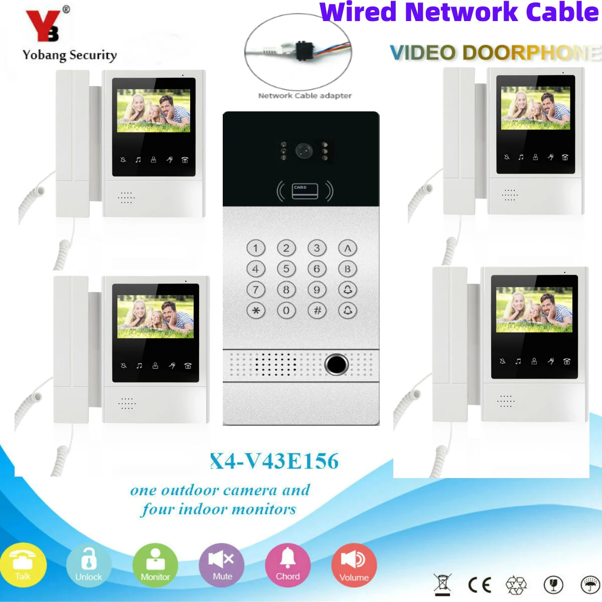 Vingerafdruk Wachtwoord Rfid Unlock Video Intercom 4.3 Inch Monitor 100M Netwerk Kabel Video Deurbel Intercom Home Security Kit