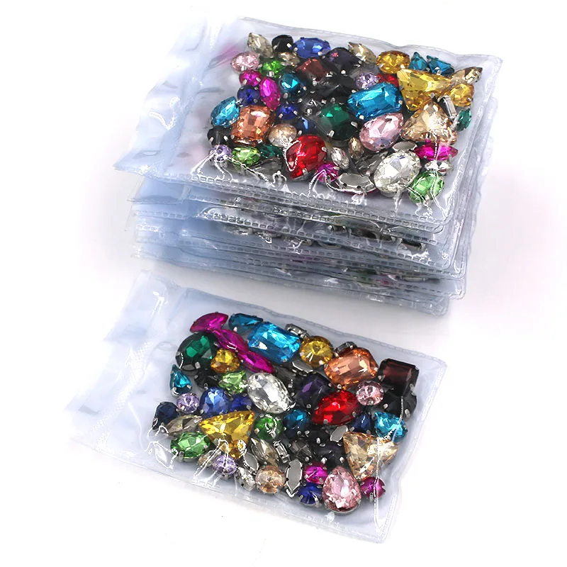 Hot Sale  Wholesale 5 bags mixed shape mix colors silver base sewing glass crystal rhinestones for clothing/wedding dress