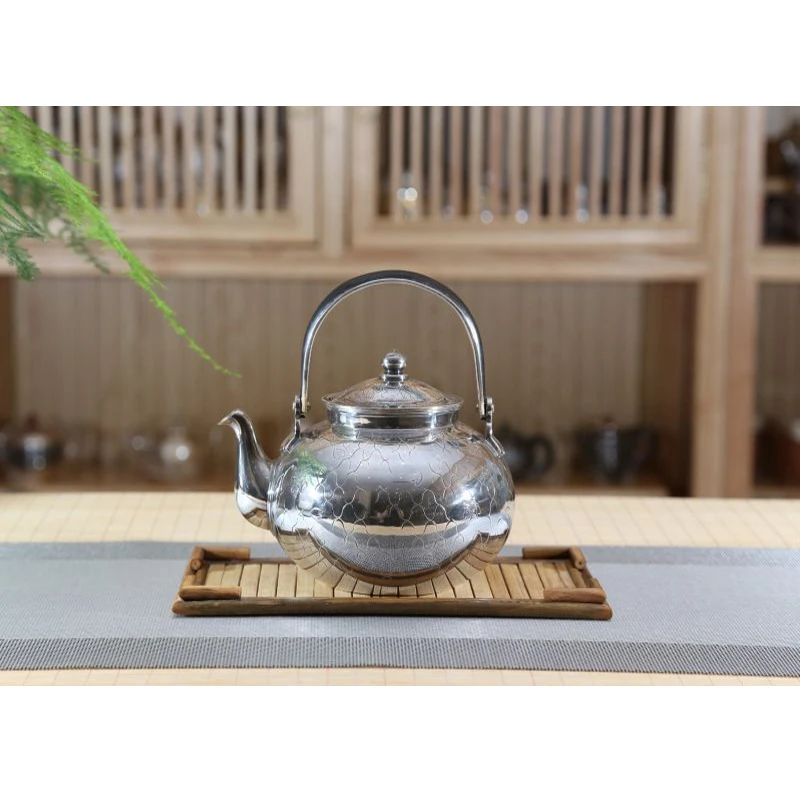 Silver pot 999 sterling silver handmade tea set Japanese retro teapot kettle home tea ceremony Kungfu tea set 1000ml