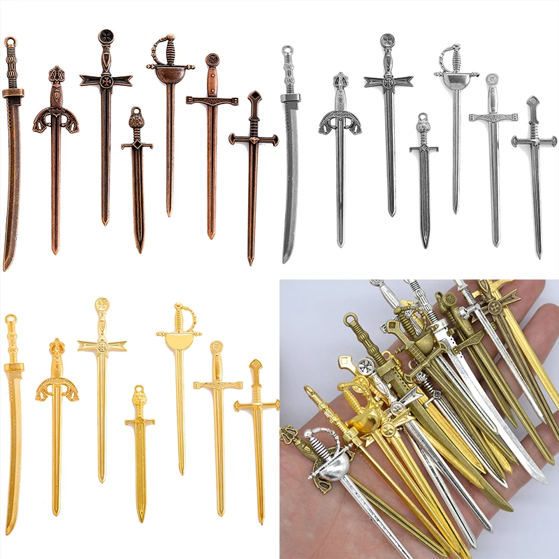 YuenZ 7 style Mixed Alloy Antique Knight Sword Charms for Jewelry Making DIY Handmade Weapons Personality Necklace Pendant