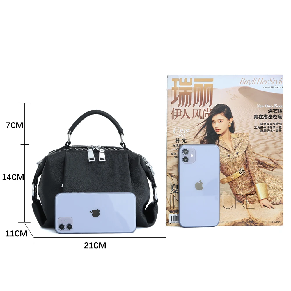 Zency Genuine Leather Casual Multiple Pockets Crossbody Bag Female Handbag Box Young Shoulder Black Women Tote Small Lightweight