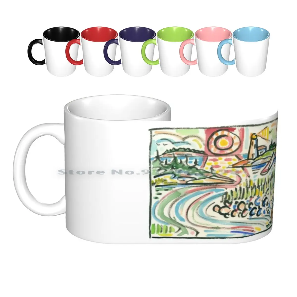 Lighthouse Morning Ceramic Mugs Coffee Cups Milk Tea Mug Maine Ocean Island Lighthouse Morning Sunrise Sea Gull Sail Boat