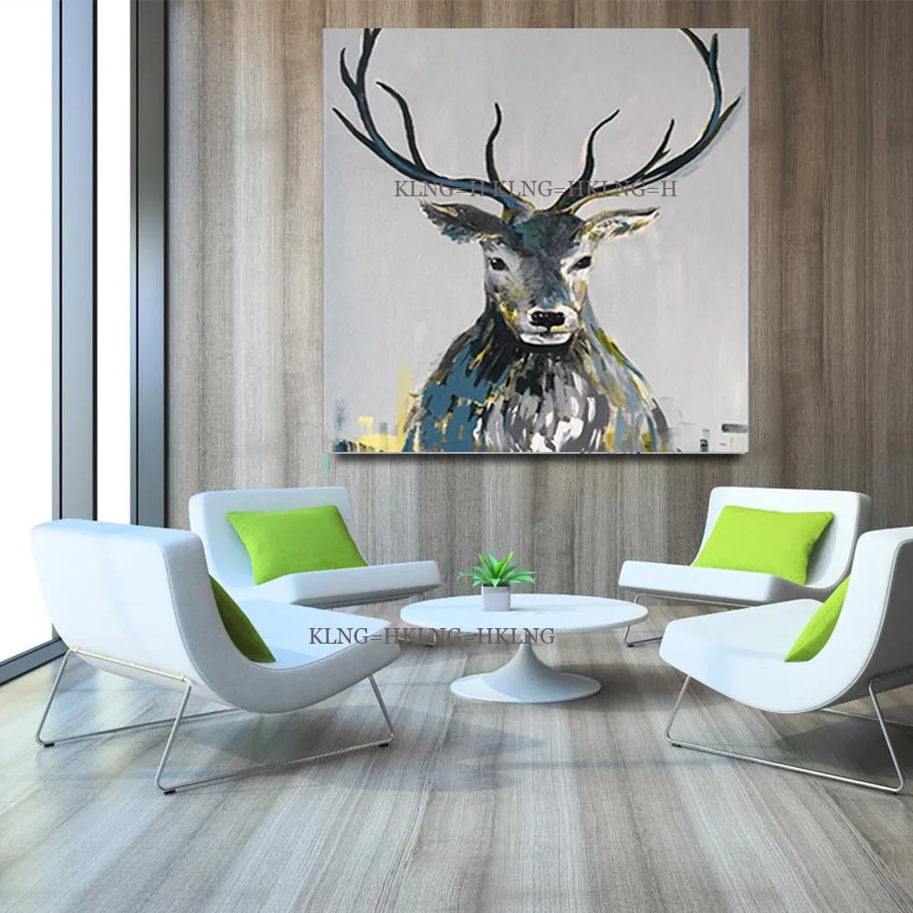 Decorative Deer Head Wall Oil Painting Animal Art Handmade Paintings Wall Hanging Canvas Art Wall Pictures For Restaurant