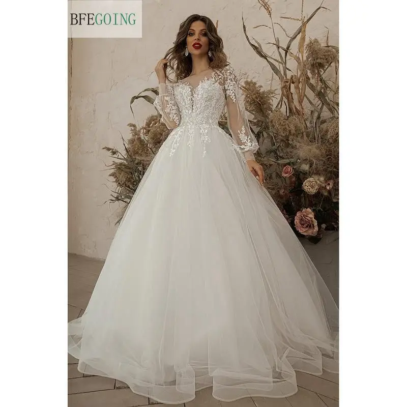 Luxurious Ivory Lace Appliques  Tulle Long Sleeves Floor-Length Princess A-Line Wedding Gowns  Custom Made Bridal Dresses