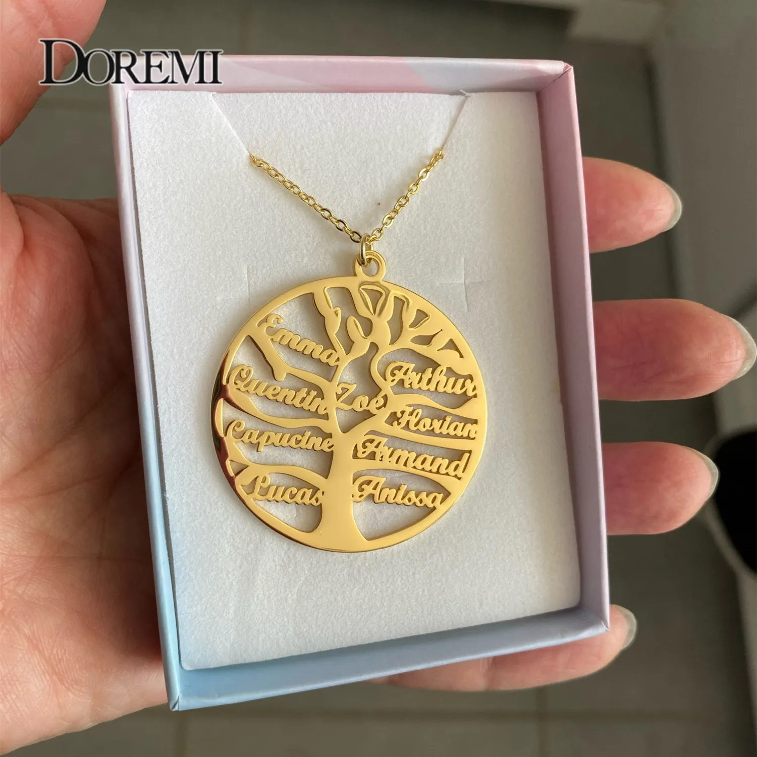 DOREMI Up to 9 Names Personalized Family Tree Name Necklace Stainless Steel/Tree of life necklace jewelry for Women Men/Custom