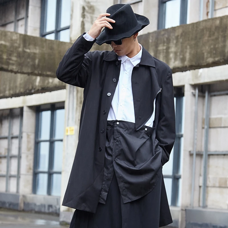 Mannen Nieuwe Yamamoto Classic Dark Japanse Medium Lengte Blazer Met Diagonale Rits Ontwerp