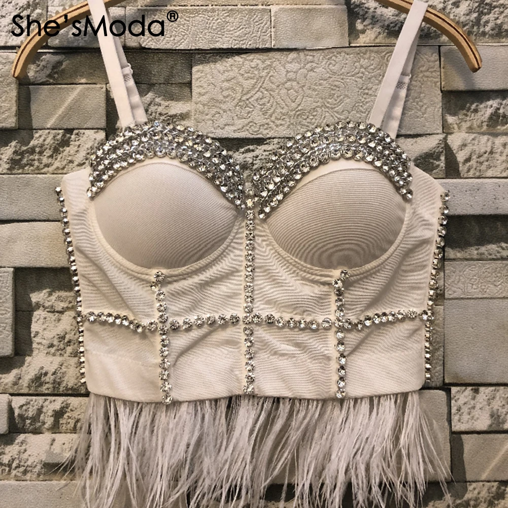 

She'sModa New Mesh Diamonds Feather Bustier Women's Bralette Cropped Top Vest Plus Size