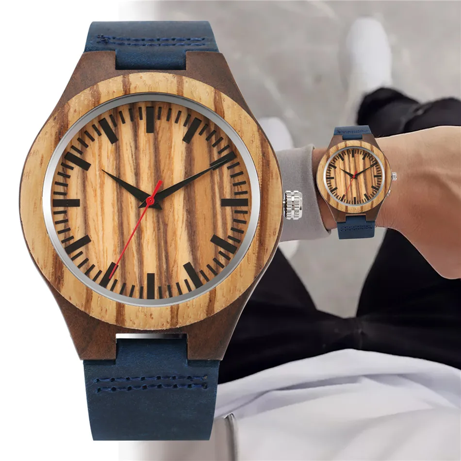 Classic Zebra Wood Men Watch Red Seconds Display Blue Genuine Leather Quartz Mens Wristwatch