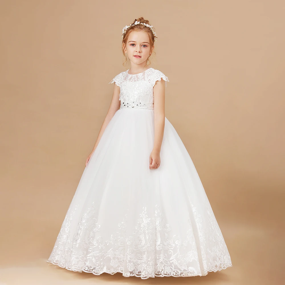 Floor-Length Lace Flower Girl Dress First Communion Birthday Evening Party Celebration Event Prom Wedding Pageant Ball For Kids