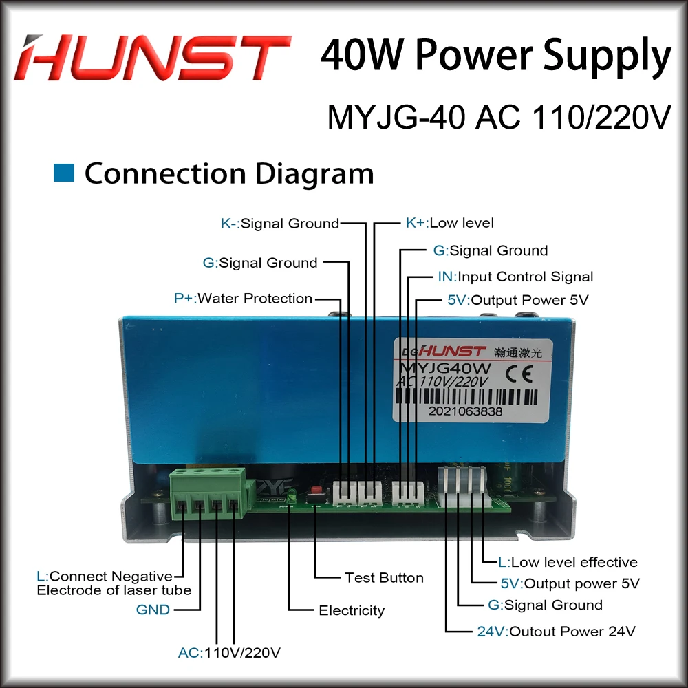 Imagem -02 - Hunst-fonte de Alimentação para Gravação a Laser e Máquina de Corte Co2 Laser Power Supply Myjg40w 110v 220v 30w 40w 50w