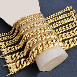 Stainless Steel Miami Curb Cuban Chain Bracelets Hip Hop 18K Gold Plated Jewelry Men Women Accessories Link Lock Clasp Bangles