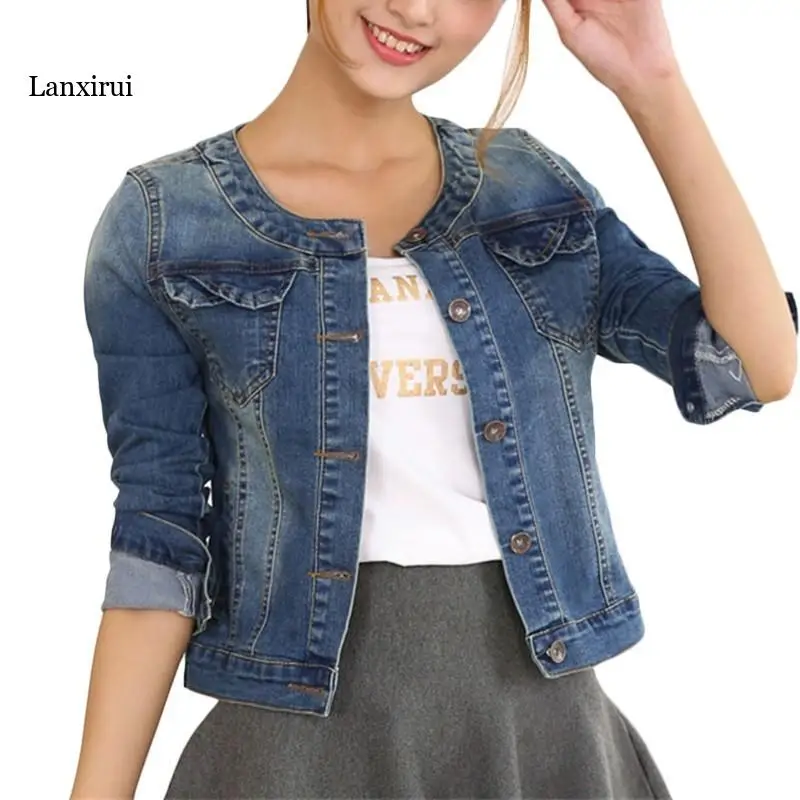 

Spring Autumn Denim Jacket Women Long Sleeve Jeans Jacket Womens O neck Coats Jacket Elastic Short Base coats