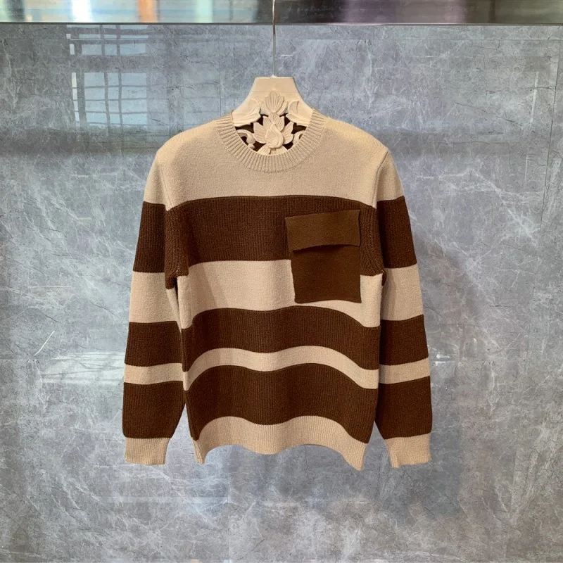 

Style Korean Fashion Striped Contrast Warm Knitting Tops Pockets Casual Men Clothing Autumn Winter Men New Pullover Sweaters