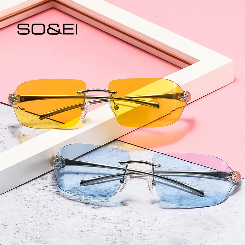 SO&EI Vintage Unique Cheetah Sunglasses Women Rimless Clear Ocean Lens Eyewear Brand Designer Men Sun Glasses Shades UV400